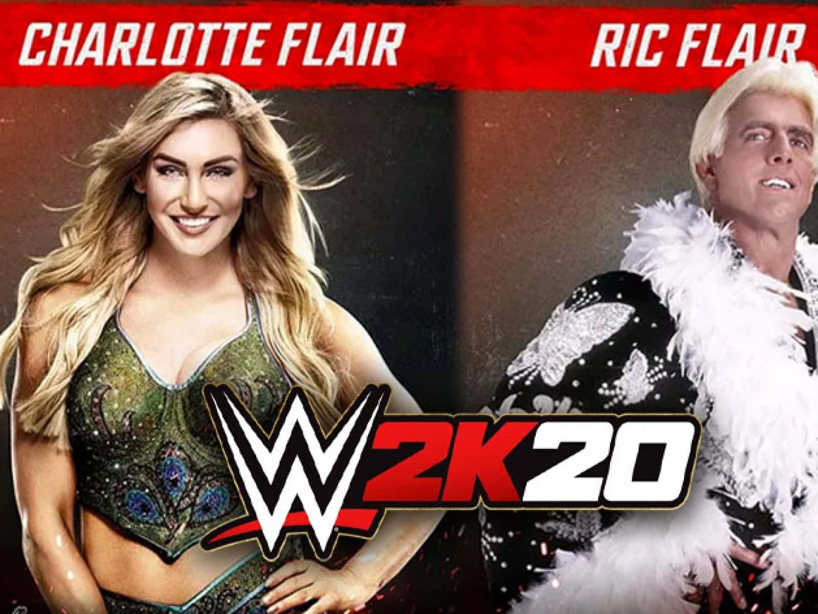 WWE 桌布 壁紙 — WWE 2K20 宣傳桌布， featuring Charlotte Flair 和 Ric Flair 穿著他們標誌性的摔角服裝。