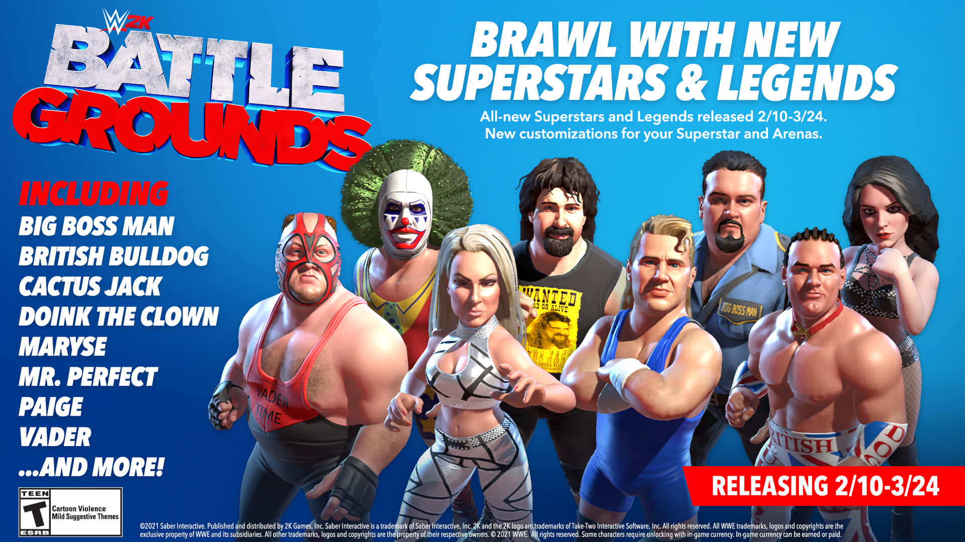 iPhone 桌布 壁紙 — WWE Battle Grounds 的鮮豔宣傳海報，展示多位摔角手穿著色彩繽紛的服裝，襯托大膽的藍色背景。