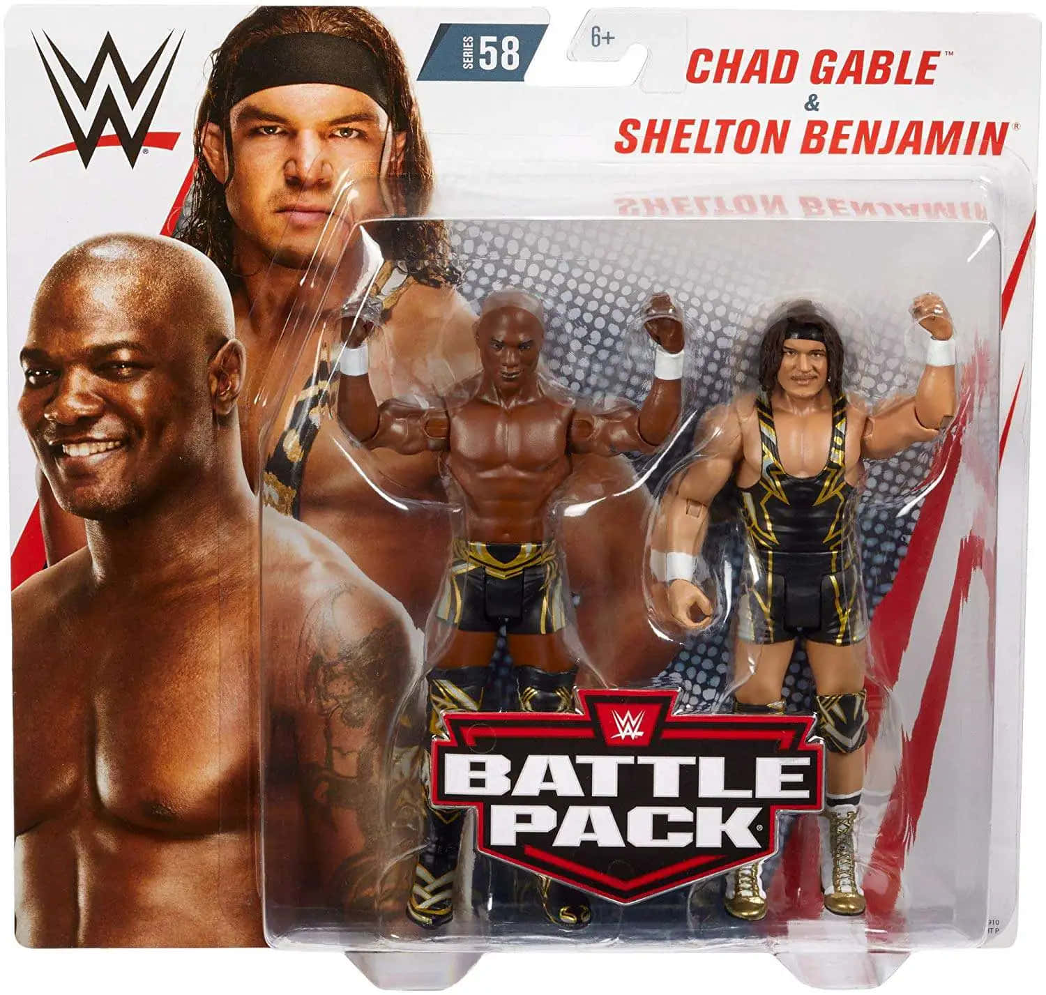 Wrestling 桌布 壁紙 — WWE Battle Pack 玩具包裝，展示 Chad Gable 和 Shelton Benjamin 的動作人偶，肌肉發達的姿勢和真實的摔角服裝。