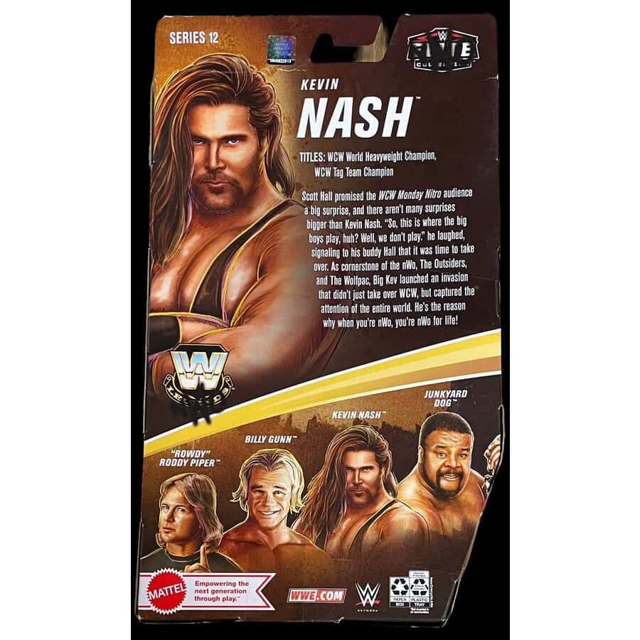 Fight 桌布 壁紙 — WWE Kevin Nash 動作人偶包裝，以棕色和金色背景展示其肖像和團隊成員。