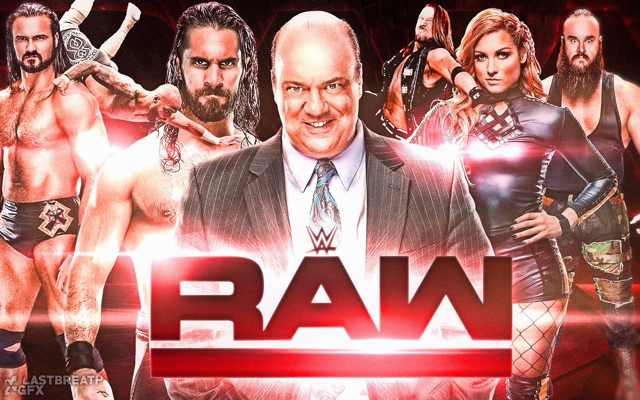 WWE 桌布 壁紙 — WWE RAW 宣傳海報，以文斯·麥克馬洪和摔角手在戲劇性的紅光中為特色。