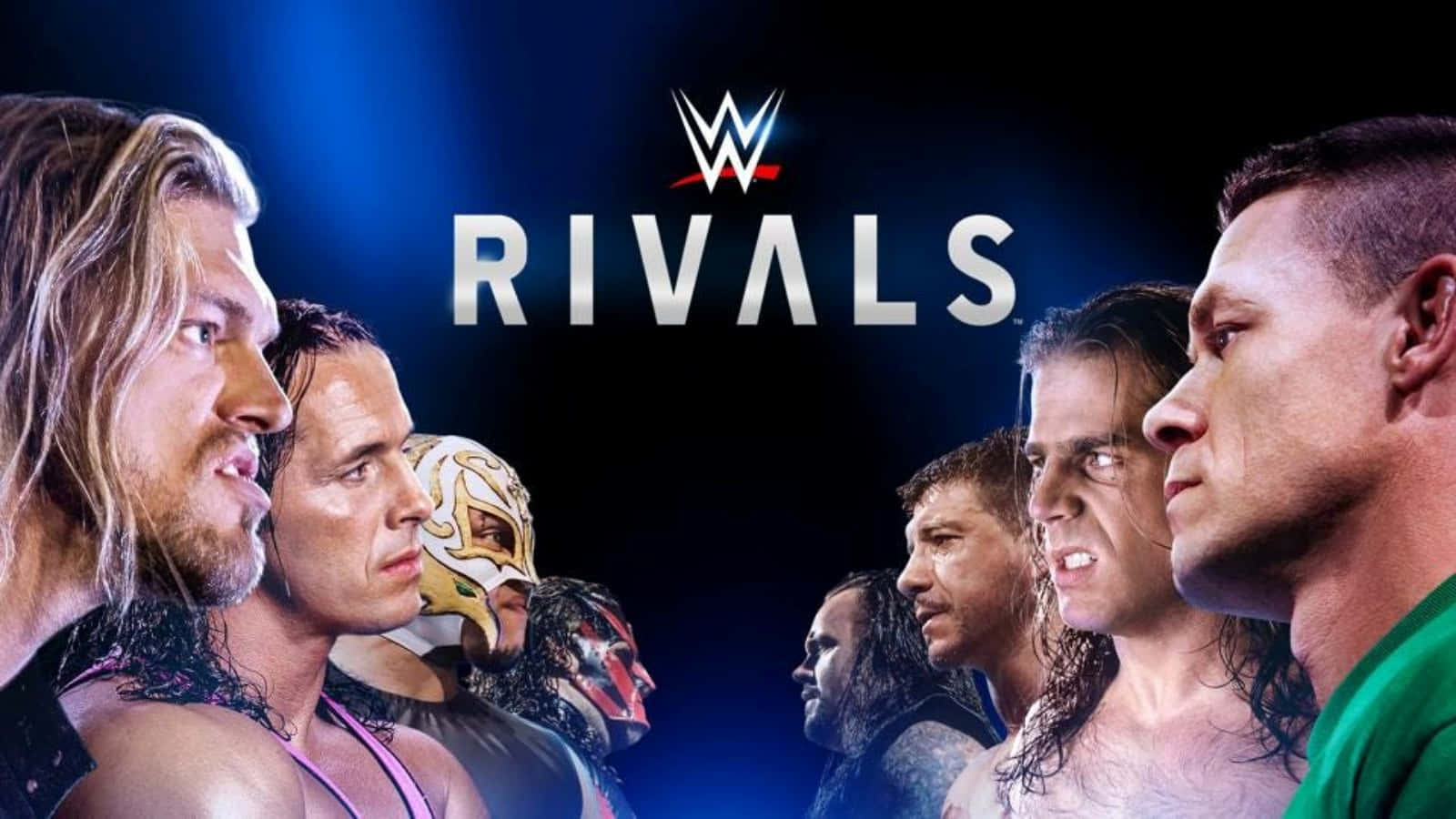 WWE 桌布 壁紙 — WWE Rivals 宣傳海報，展示傳奇摔角手在戲劇性藍色燈光下的激烈對峙。