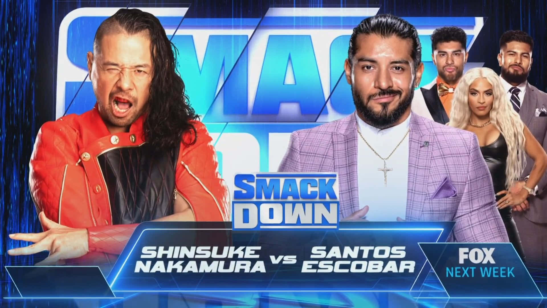 WWE 桌布 壁紙 — WWE SmackDown 宣傳海報， featuring Shinsuke Nakamura 和 Santos Escobar，搭配大膽的藍色圖形和戲劇性的表情。