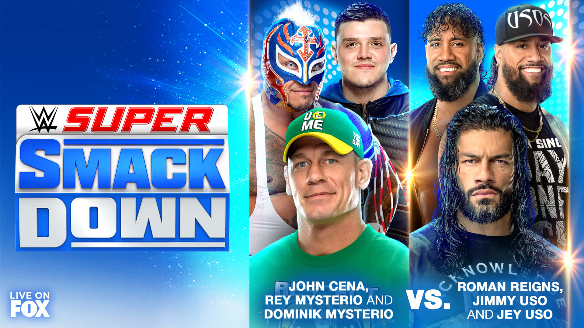 Roman Reigns 桌布 壁紙 — WWE Super SmackDown 宣傳片 featuring John Cena、Rey Mysterio 和 Dominik Mysterio 對戰 Roman Reigns、Jimmy USO 和 Jey USO，背景為充滿活力的藍色星空。