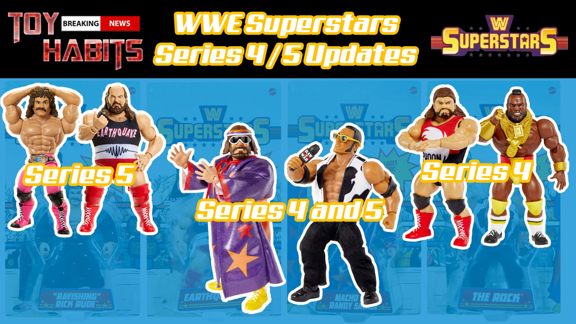 Wrestling 桌布 壁紙 — WWE Superstars Series 4 及 5 動作人偶在藍色背景上展示，並帶有粗體文字疊加。