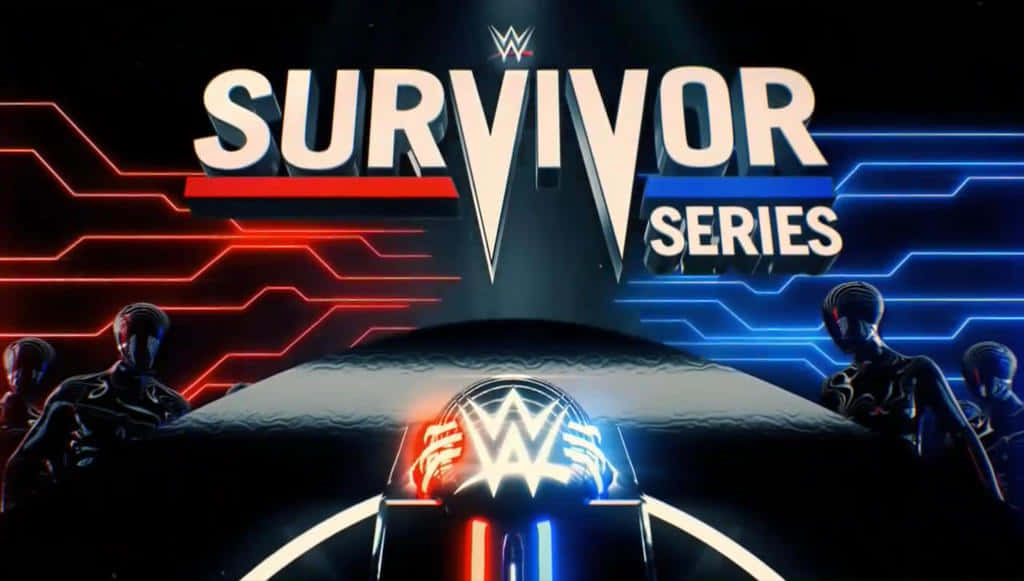  壁紙 — WWE Survivor Series 標誌以紅色和藍色霓虹電路發光，蒙面摔角手站在陰影剪影中。