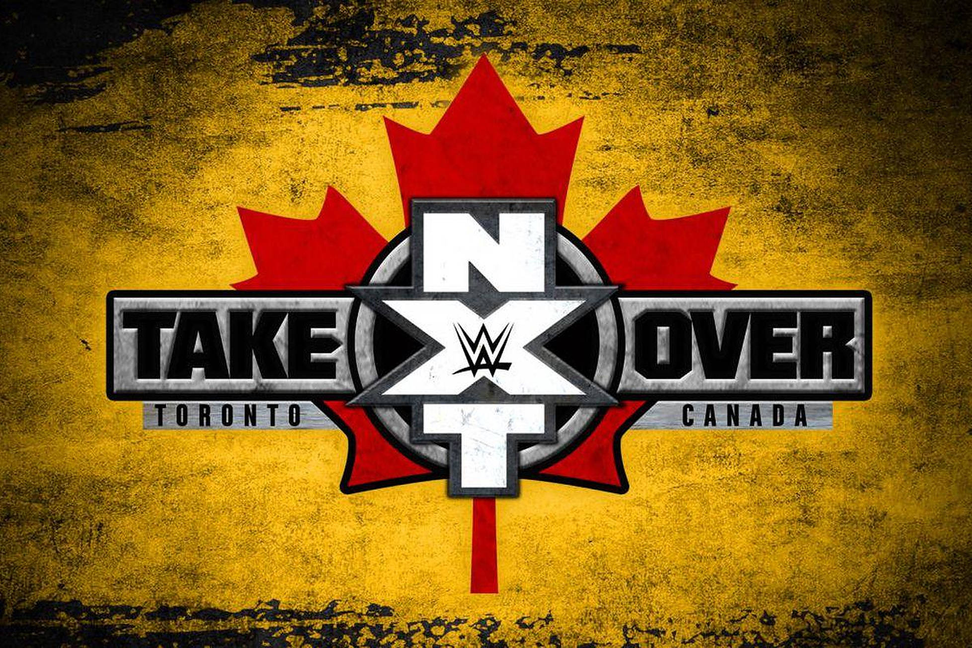 nxt 桌布 壁紙 — WWE TakeOver 標誌，帶有紅色楓葉和受干擾的黃色背景。