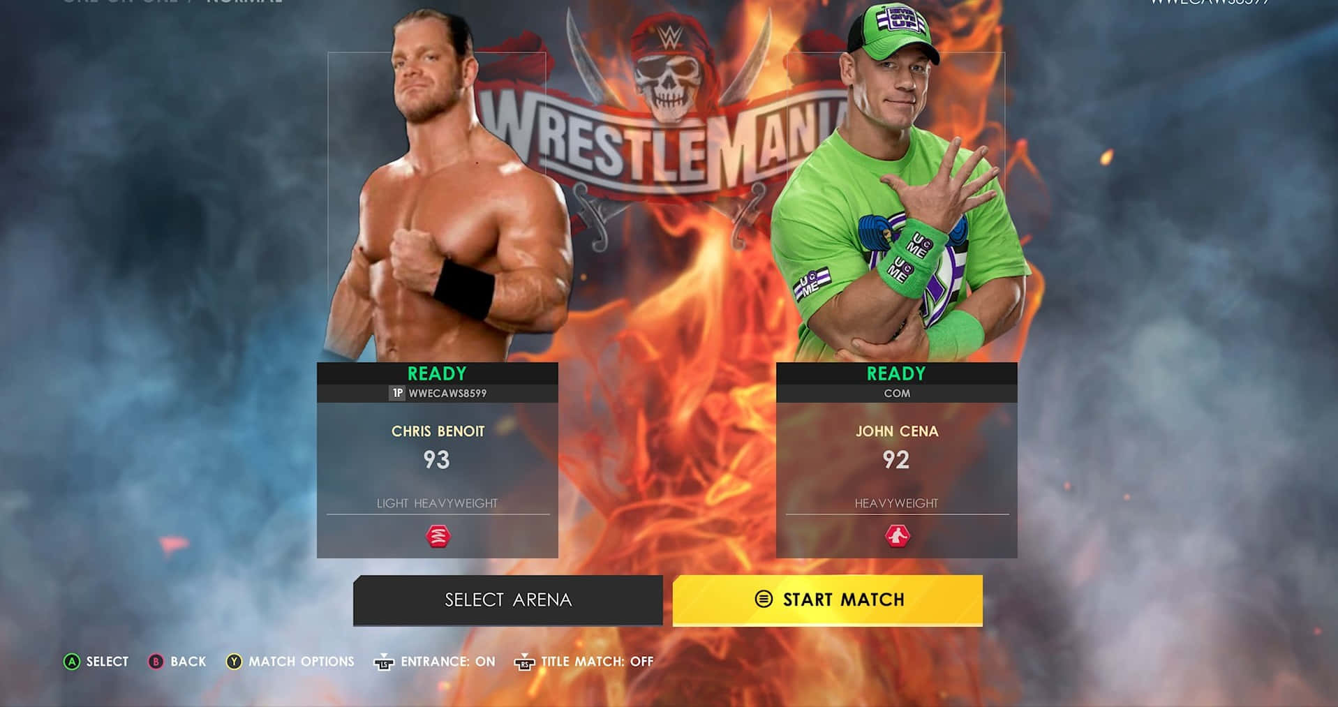 約翰·希南 桌布 壁紙 — WWE WrestleMania 比賽選擇畫面，顯示 Chris Benoit 和 John Cena，帶有火焰背景和準備狀態統計。