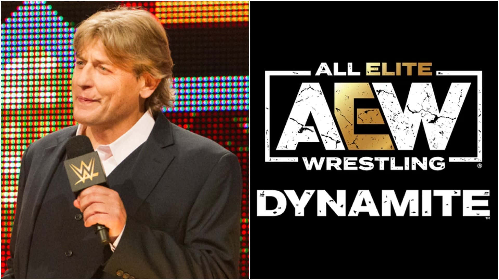 摔角 桌布 壁紙 — WWE 主持人拿著麥克風，旁邊是 AEW Dynamite 標誌，黑色背景後面有彩色 LED 燈光。