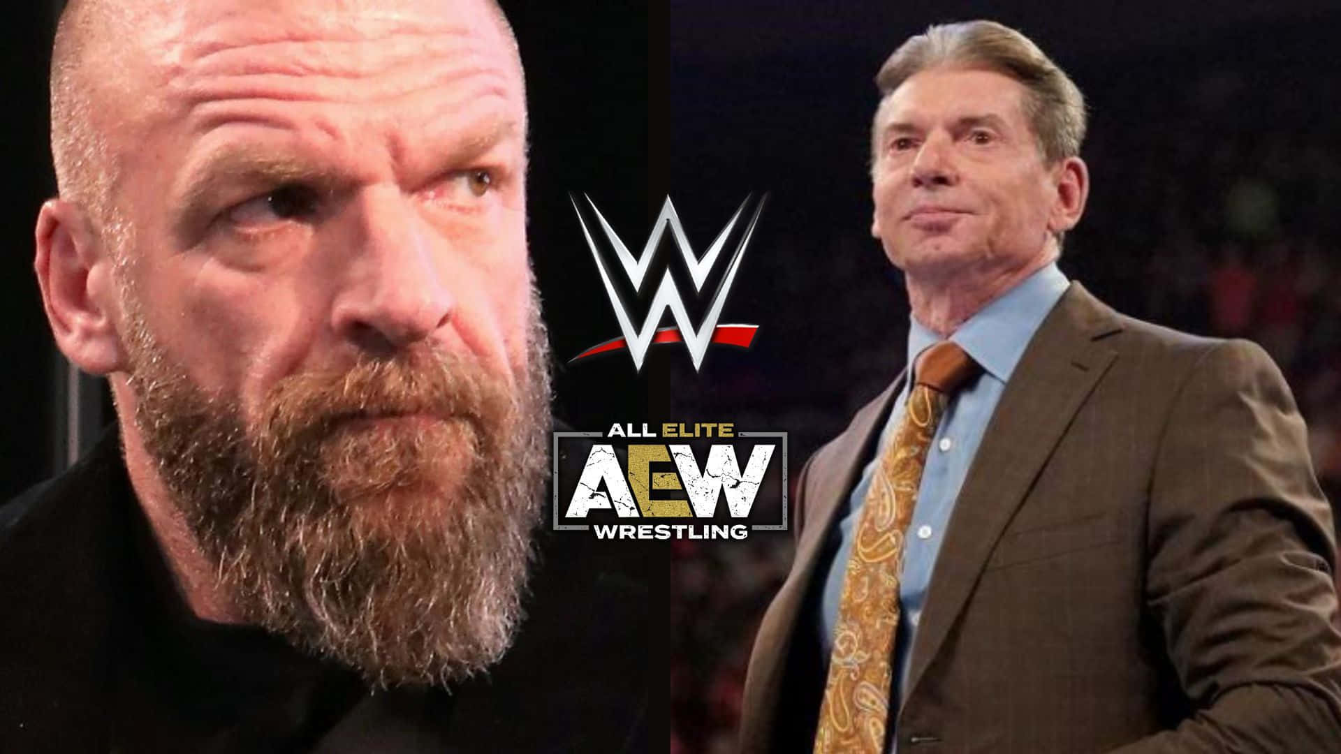 Wrestling 桌布 壁紙 — WWE 和 AEW 標誌夾著兩個摔角偶像的強烈特寫，光線和表情形成對比。