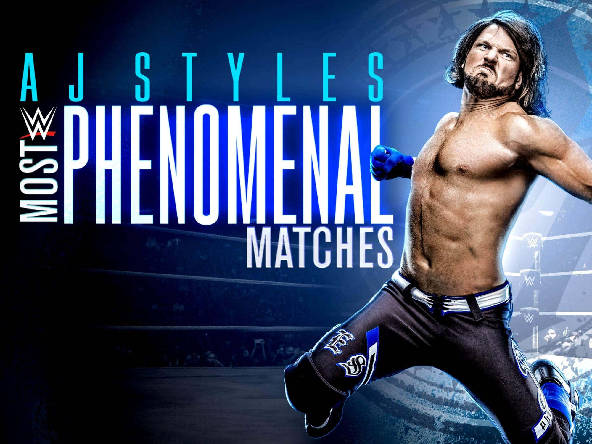 WWE 桌布 壁紙 — WWE 摔角手 AJ Styles 在戲劇性的藍色燈光下於擂台上擺出動態姿勢，並以粗體文字宣揚他最非凡的比賽。