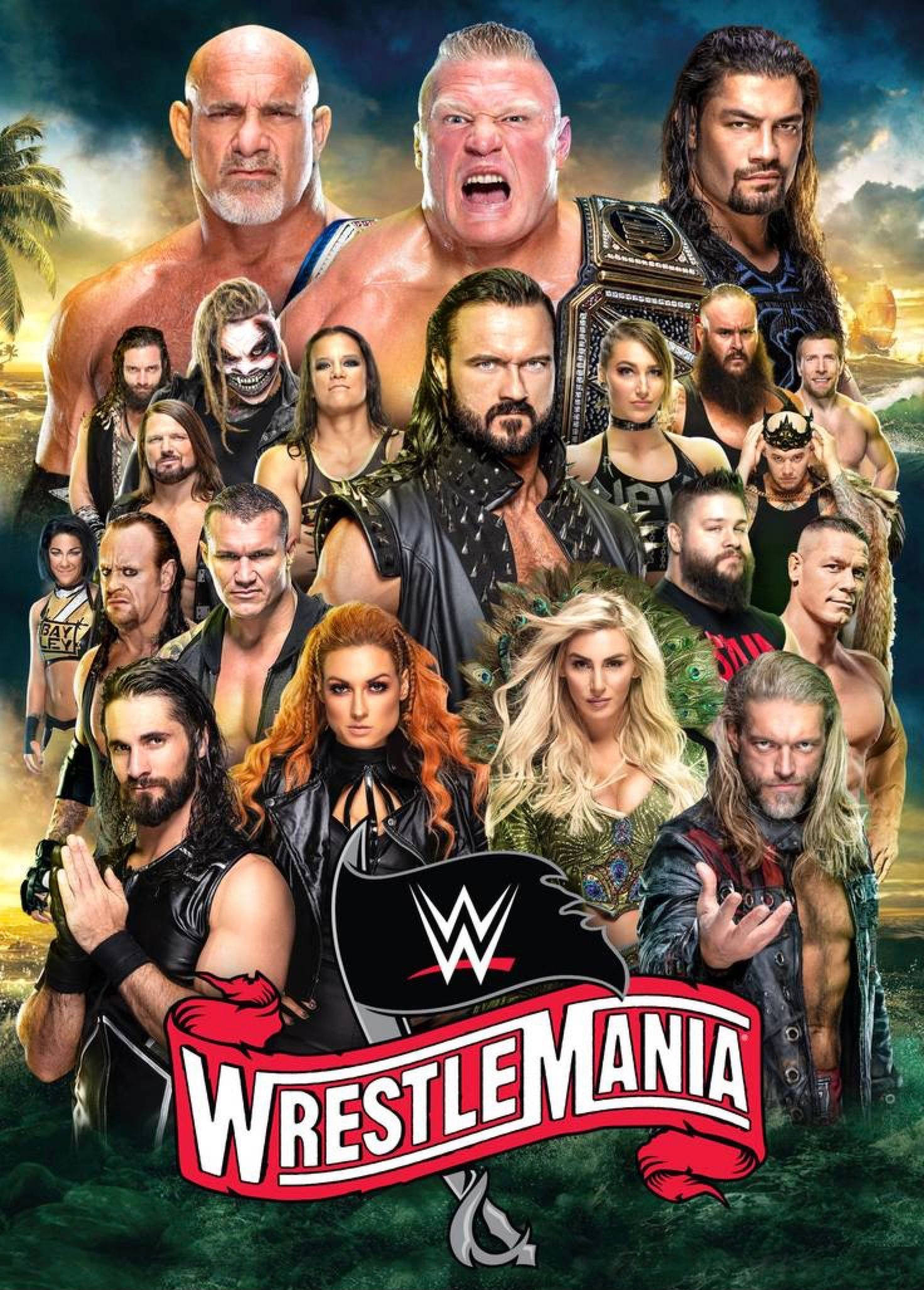 WWE 桌布 壁紙 — WWE 摔角手以熱帶日落為背景，英雄式擺姿勢的動態拼貼畫，帶有 WrestleMania 標誌。
