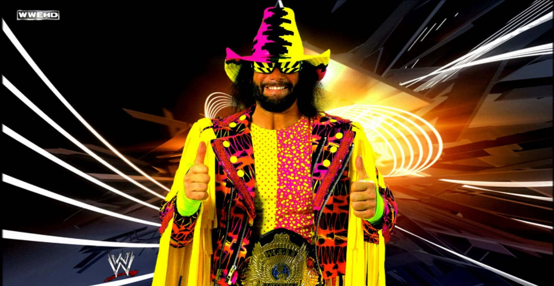 WWE 桌布 壁紙 — WWE 摔角手身穿鮮黃色和粉紅色服裝，在動態發光背景下豎起大拇指。