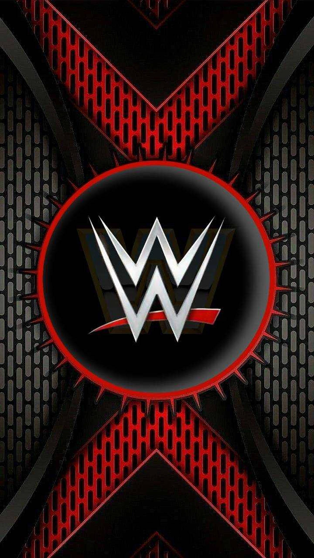 WWE 桌布 壁紙 — WWE 標誌置中於黑色圓形內，帶有紅色尖刺邊框，背景為黑色和紅色的幾何網格。