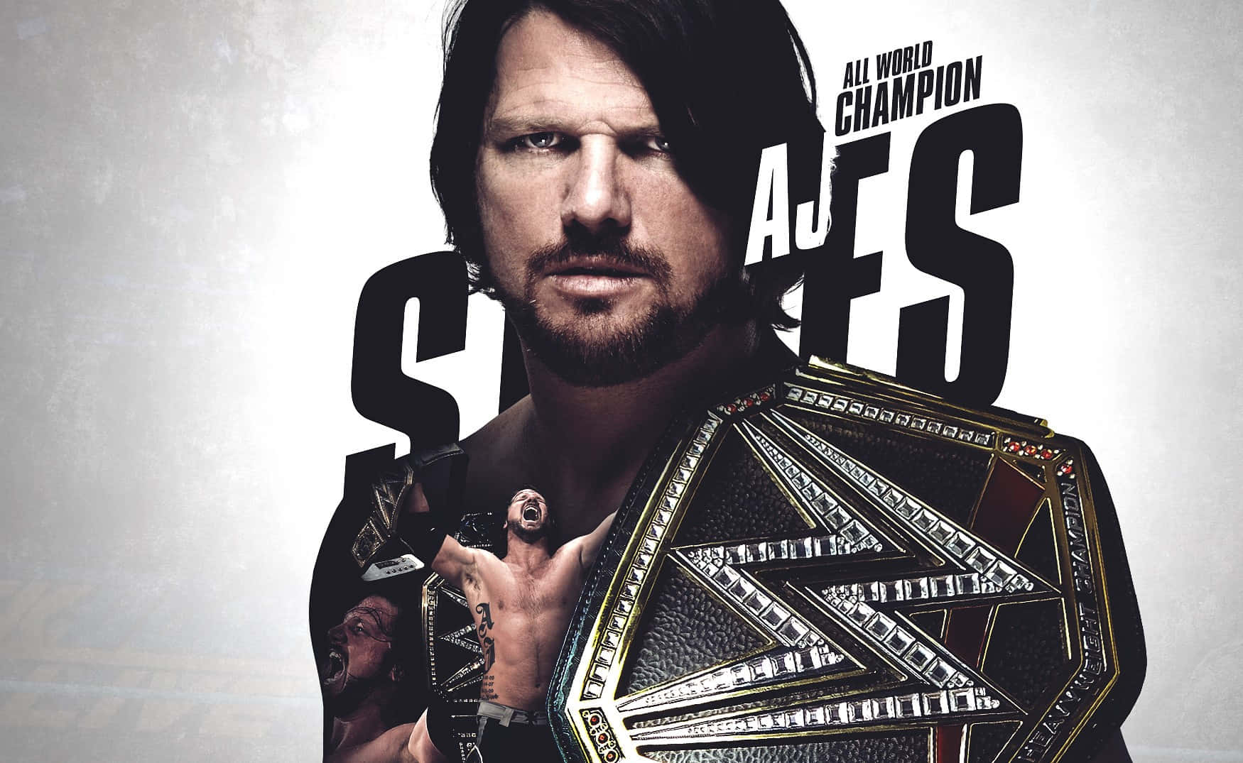WWE 桌布 壁紙 — WWE冠軍AJ Styles在純白背景前，戴著他的金黑色冠軍腰帶，眼神銳利。