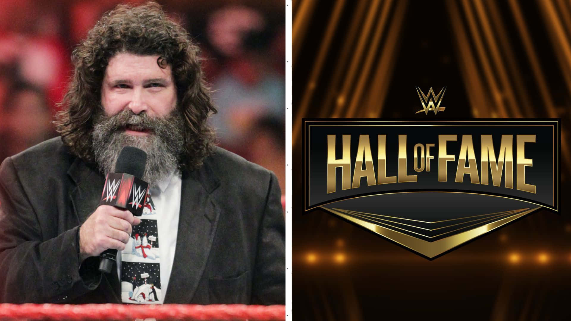 WWE 桌布 壁紙 — WWE名人堂入選者，長捲髮和鬍鬚，在摔角擂台內對著麥克風說話。
