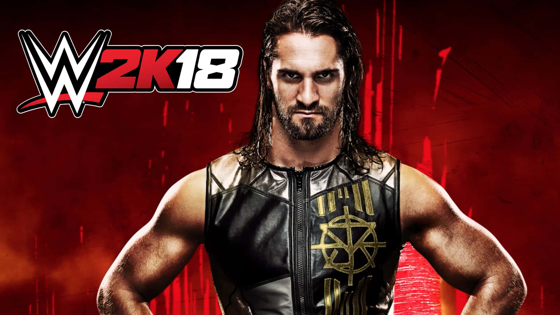 摔角 桌布 壁紙 — WWE摔角手 Seth Rollins 穿著黑色和金色皮背心，在火紅背景上帶著 WWE 2K18 標誌，凝視著。
