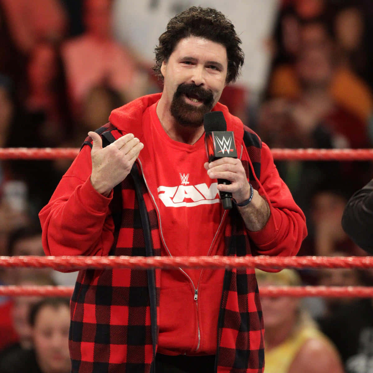 WWE 桌布 壁紙 — WWE摔角手，留著濃密鬍鬚和捲髮，身穿紅色連帽衫和格子外套，在摔角場內對著麥克風說話。