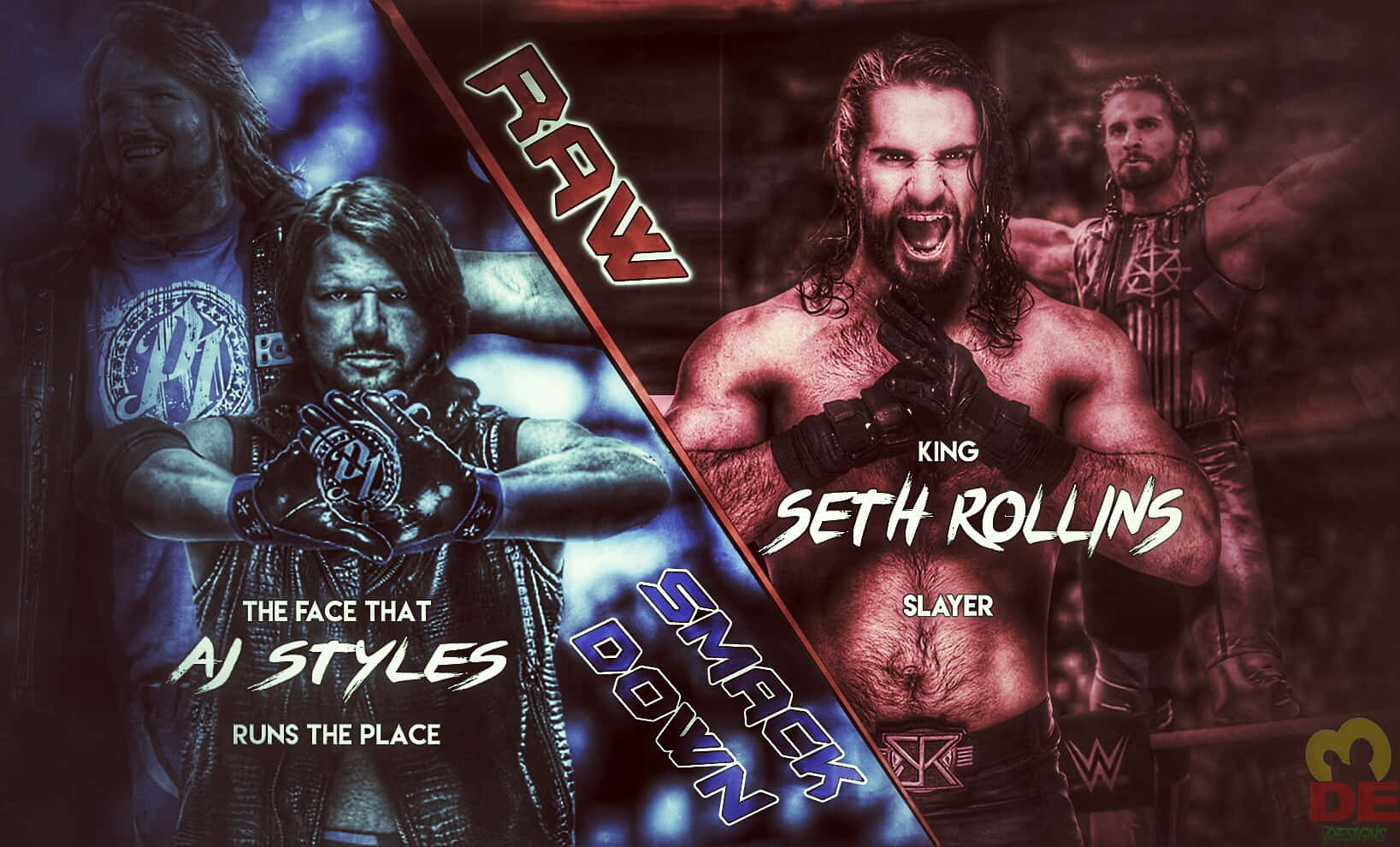 WWE 桌布 壁紙 — WWE摔角手AJ Styles和Seth Rollins在一張戲劇性的分割畫面宣傳海報中對峙，帶有粗體文字和對比的藍色和紅色燈光。