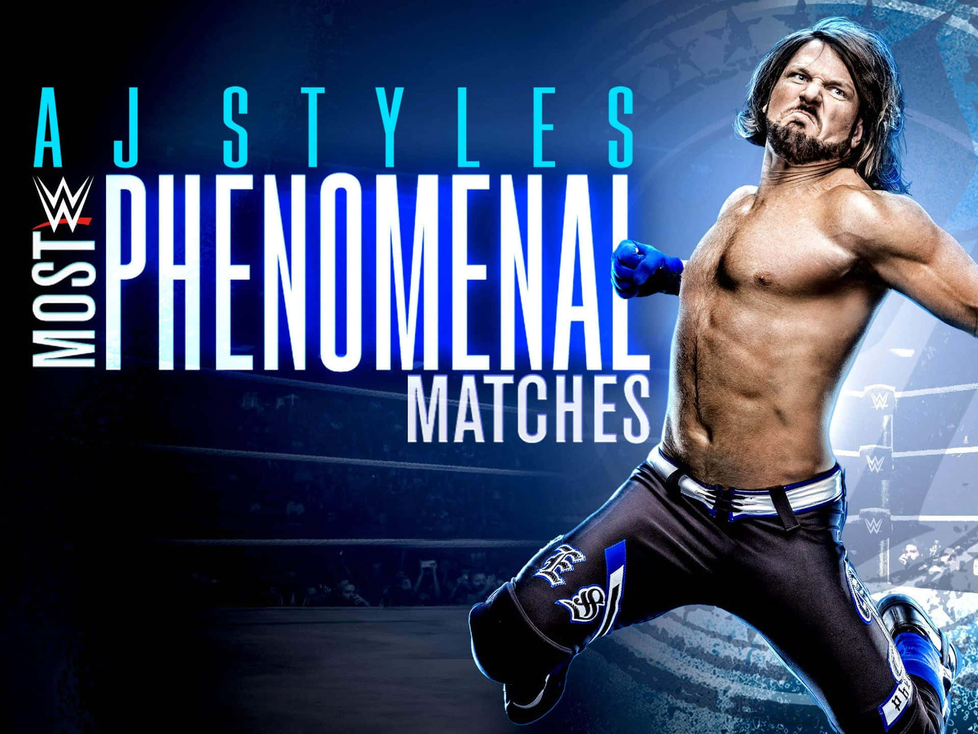 WWE 桌布 壁紙 — WWE摔角手AJ Styles在戲劇性的藍色燈光下於擂台上擺出充滿動感的姿勢，並以粗體文字宣揚他最非凡的比賽。