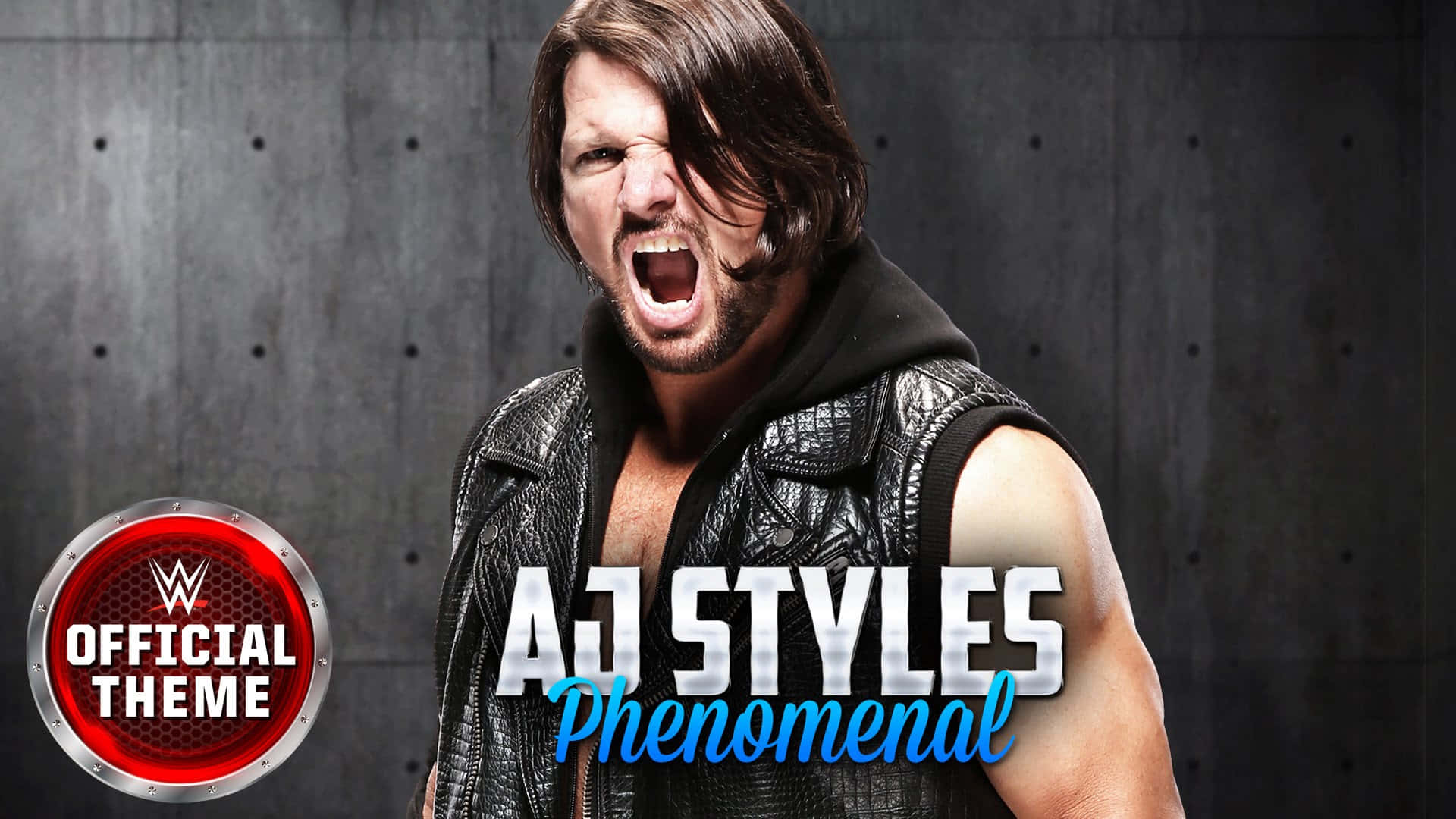 WWE 桌布 壁紙 — WWE摔角手AJ Styles穿著黑色皮背心，對著粗糙的混凝土牆，帶著他的官方主題標誌，兇猛地咆哮。