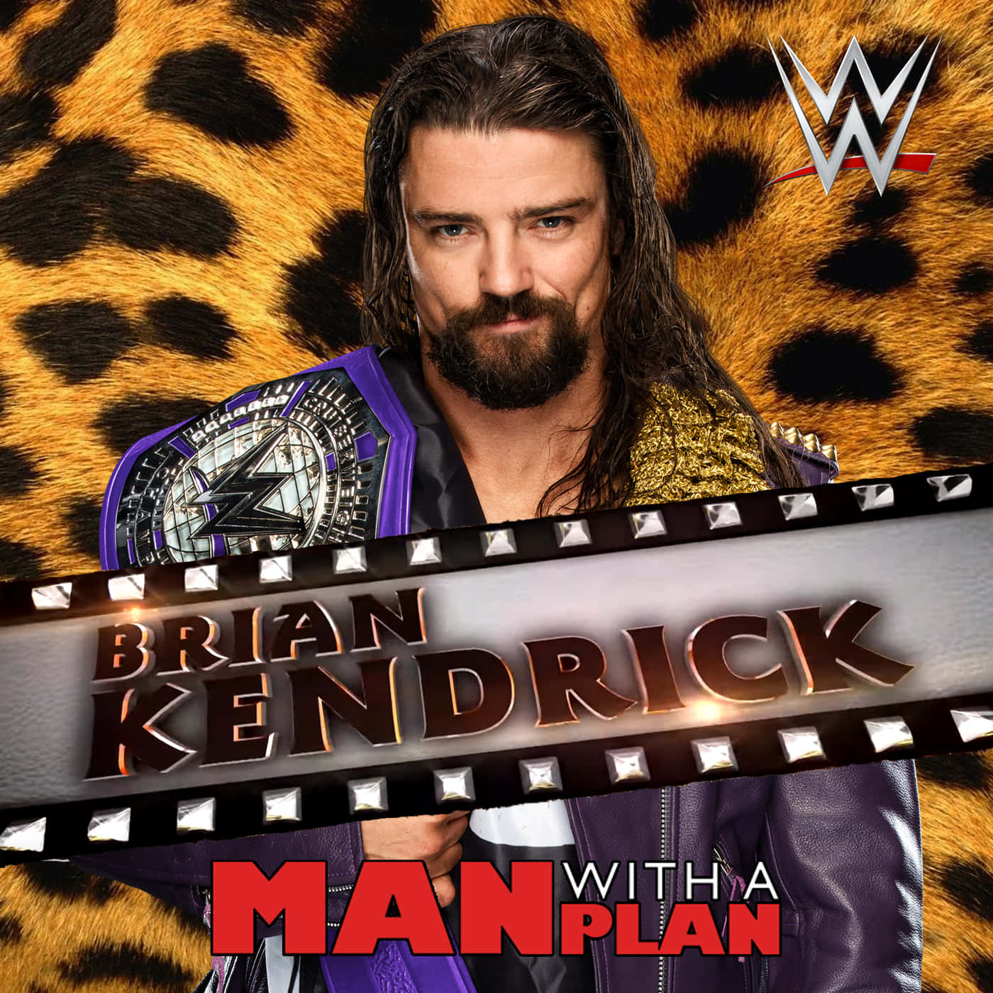 WWE 桌布 壁紙 — WWE摔角手Brian Kendrick在豹紋背景上，手持冠軍腰帶，眼神銳利，並有粗體文字覆蓋。