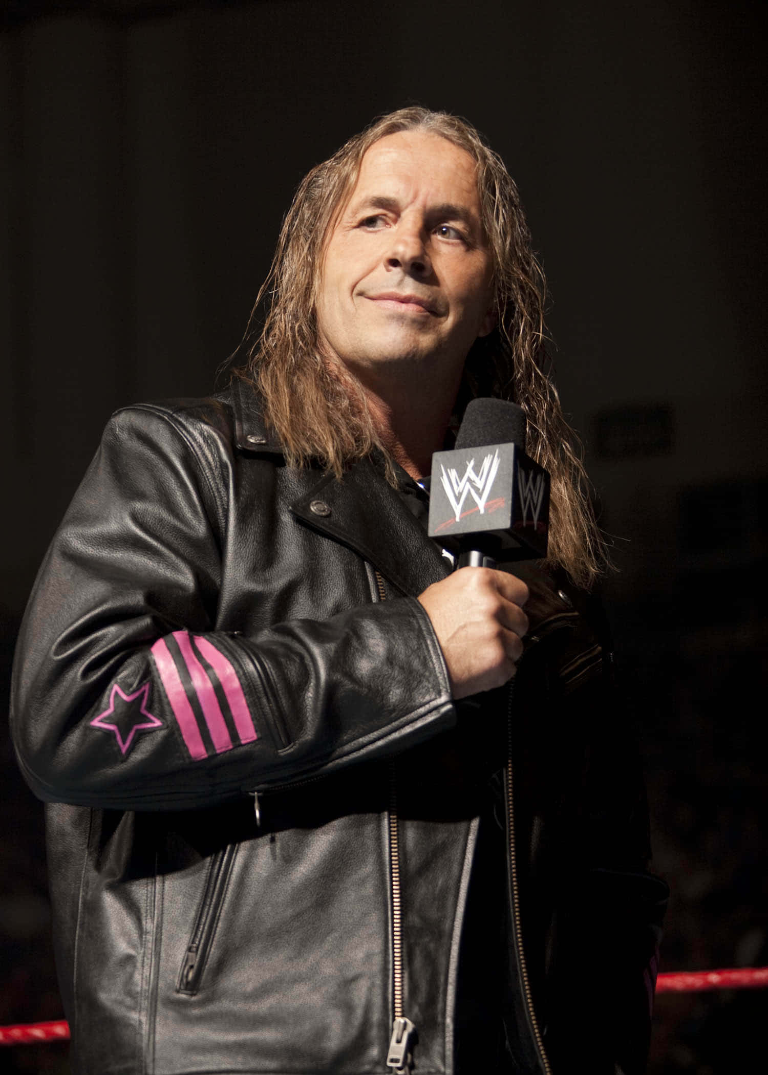 WWE 桌布 壁紙 — WWE摔角手Chris Jericho自信地站在摔角場上，手持麥克風，身穿帶有粉紅色星星和條紋的黑色皮夾克。