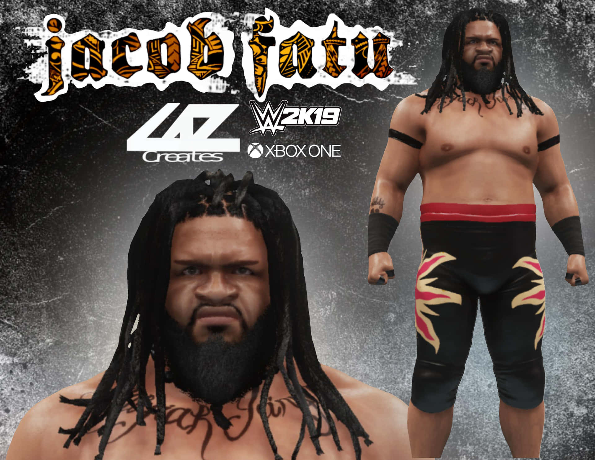 Wrestling 桌布 壁紙 — WWE摔角手Jacob Fatu的詳細3D渲染，帶有辮子、刺青和火焰圖案短褲，背景粗糙有質感。