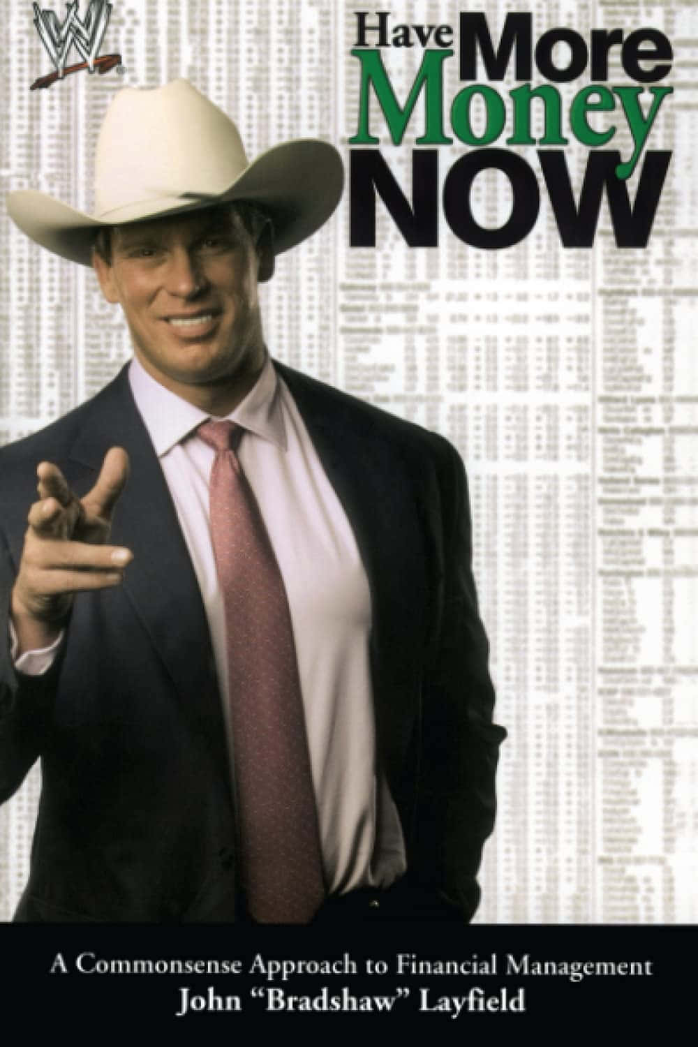 WWE 桌布 壁紙 — WWE摔角手John Bradshaw Layfield戴著牛仔帽、穿著西裝，自信地指向財務圖表背景，上面有粗體字寫著「Have More Money NOW」。