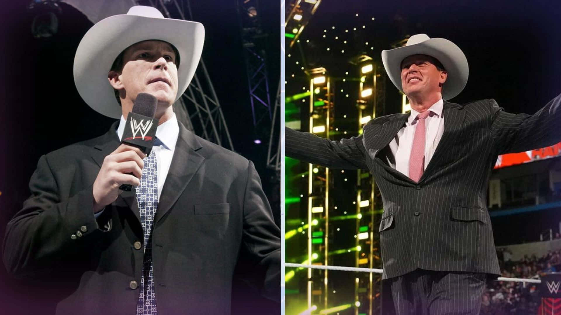 WWE 桌布 壁紙 — WWE摔角手John Cena戴著牛仔帽、穿著西裝，拿著麥克風，在燈光閃爍的舞台上勝利地張開雙臂。