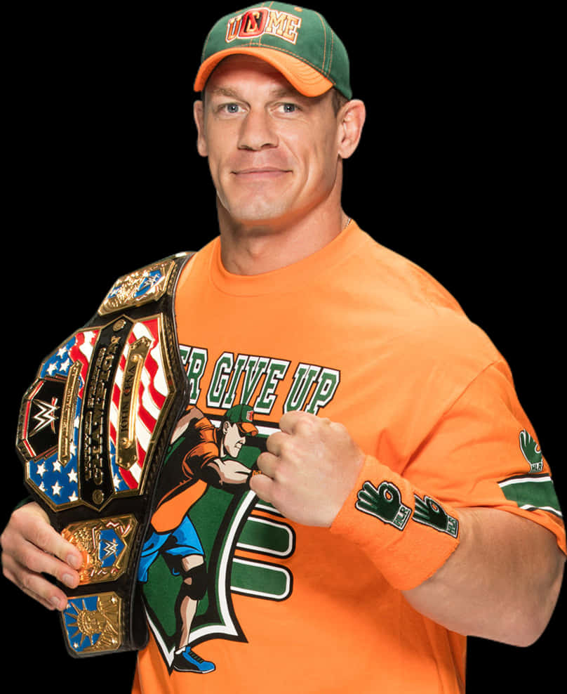 WWE 桌布 壁紙 — WWE摔角手John Cena自信地擺姿勢，身穿橙色「Never Give Up」T恤，手持冠軍腰帶，背景為黑色。