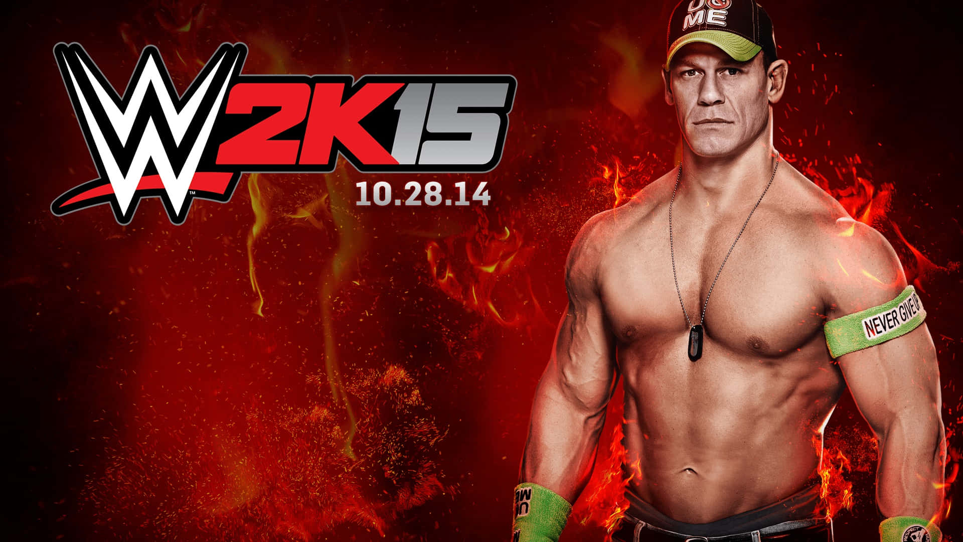 WWE 桌布 壁紙 — WWE摔角手John Cena赤裸上身，背景火熱，並帶有遊戲標誌WWE 2K15。