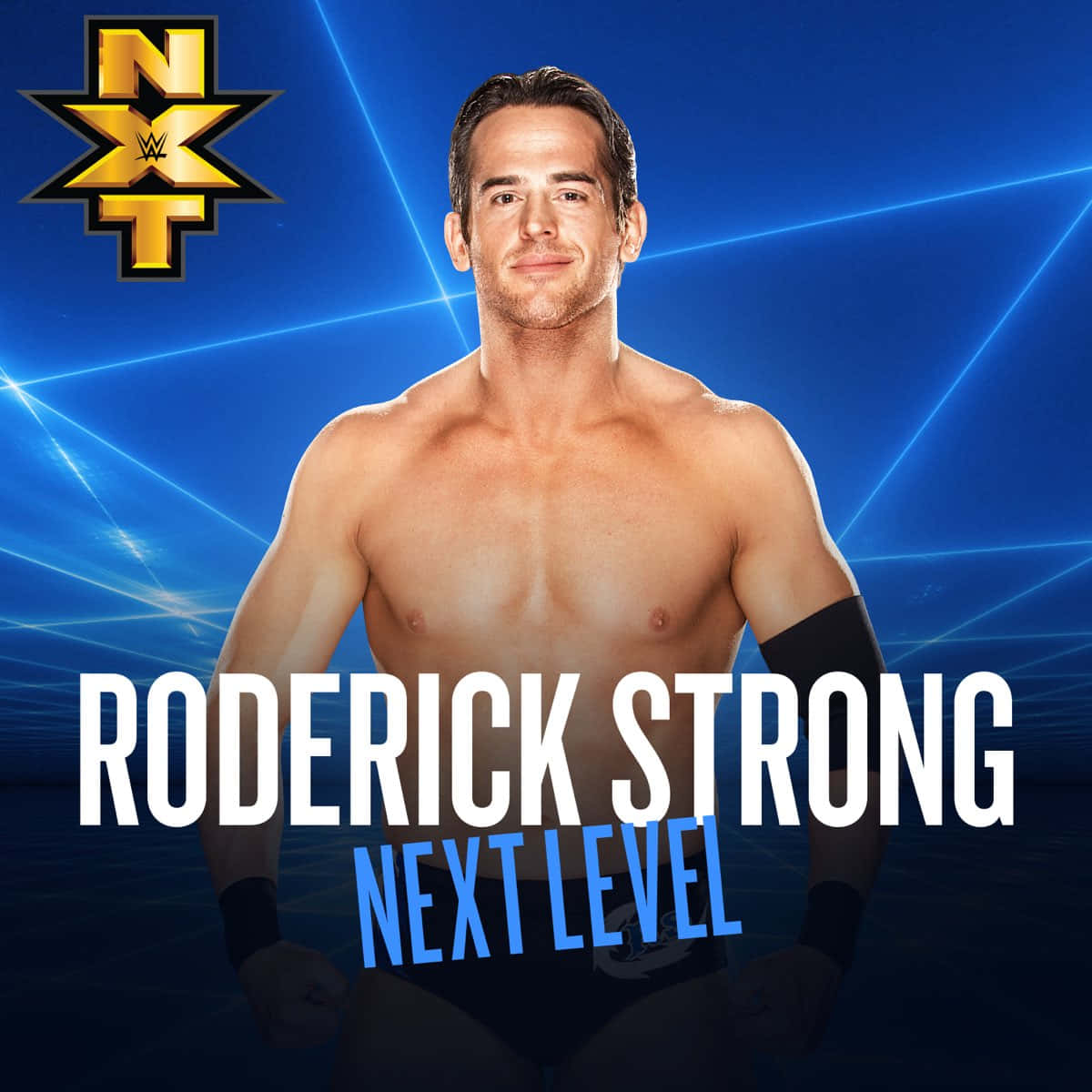 Album Cover 桌布 壁紙 — WWE摔角手Roderick Strong在充滿活力的藍色霓虹燈背景前自信地擺姿勢，帶有NXT品牌標誌。