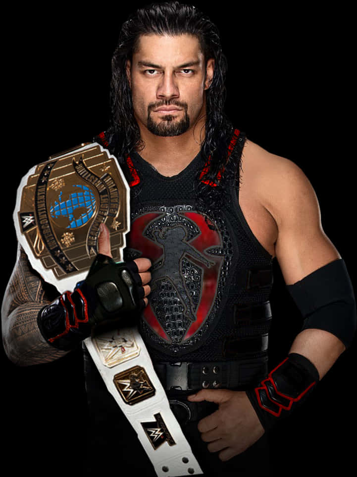Athlete 桌布 壁紙 — WWE摔角手Roman Reigns在黑色背景下緊握冠軍腰帶，眼神銳利。
