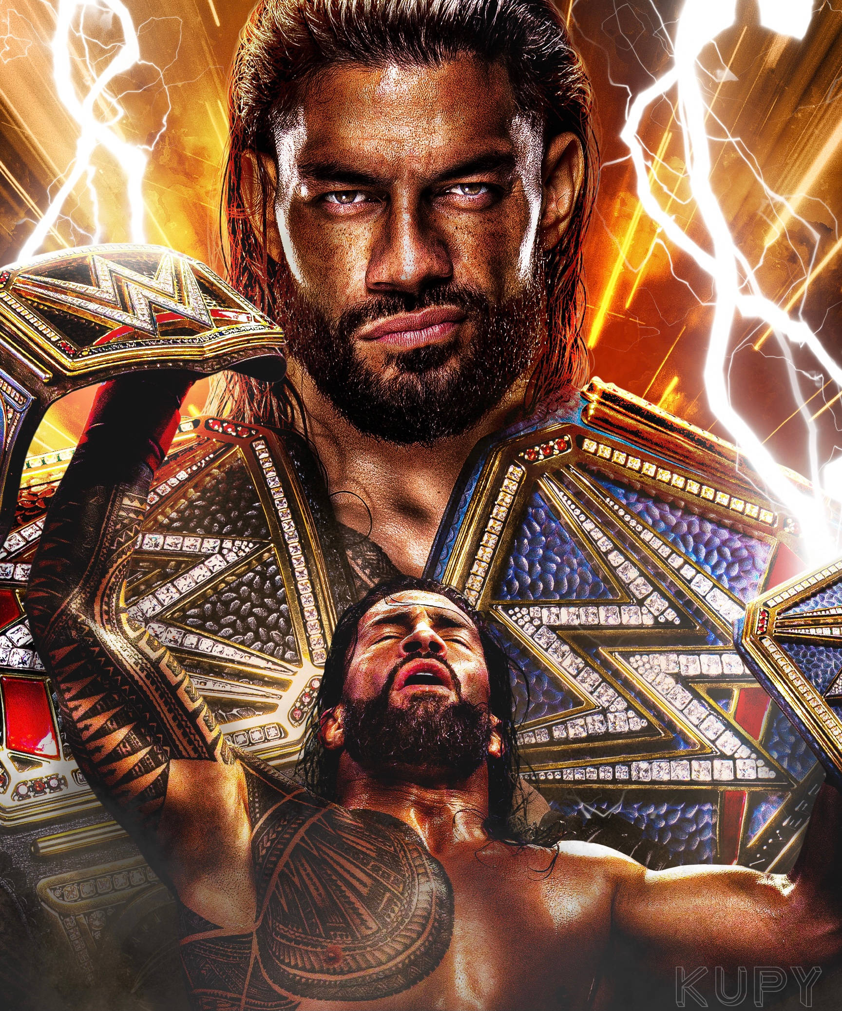 WWE 桌布 壁紙 — WWE摔角手Roman Reigns手持冠軍腰帶，身後閃電劃破天際，壓制倒地的對手，氣勢凌人。
