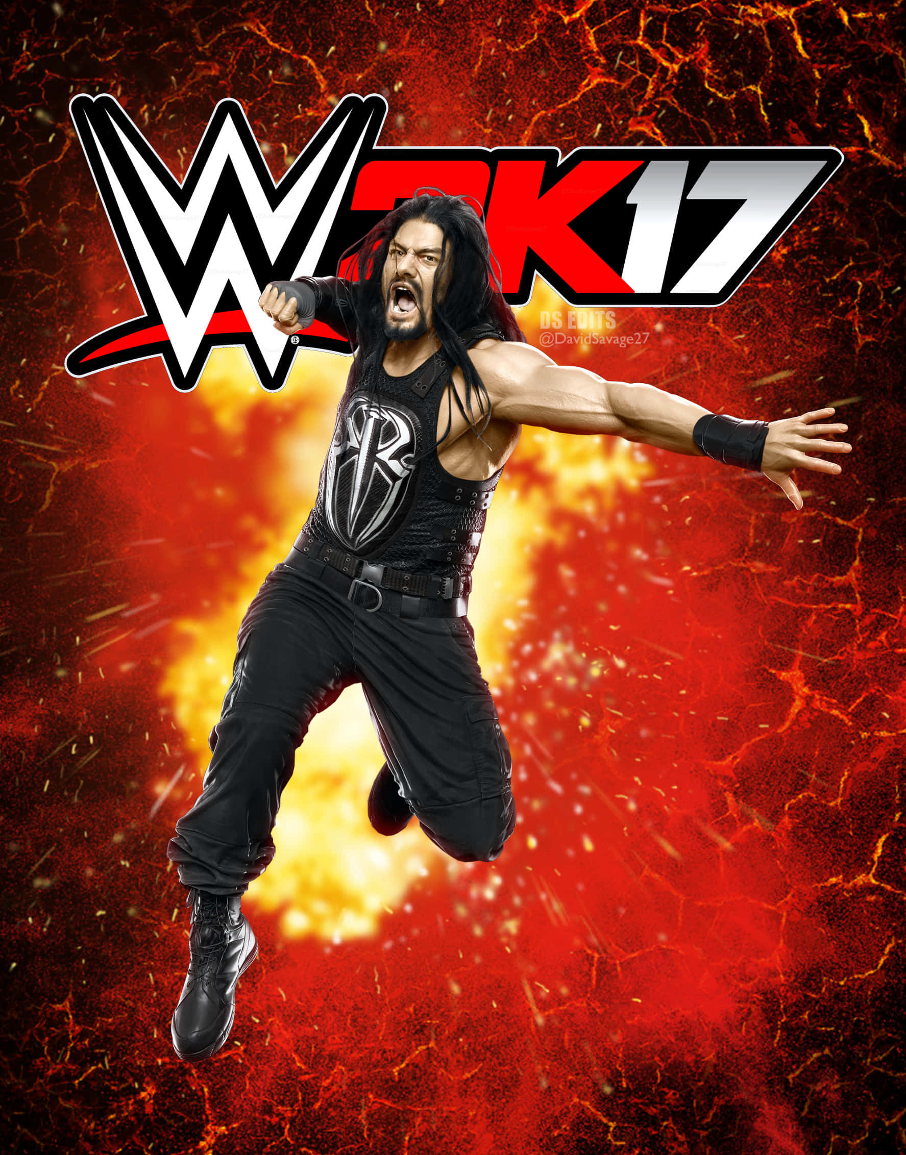 桌布 壁紙 — WWE摔角手Roman Reigns在火紅熔岩背景上動態跳躍，帶有「WWE RAW 17」標誌。
