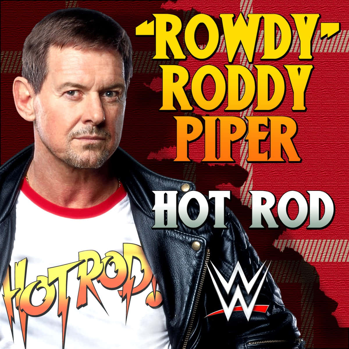 WWE 桌布 壁紙 — WWE摔角手Rowdy Roddy Piper穿著黑色皮夾克內搭Hot Rod T恤，在紅色紋理背景前凝視。
