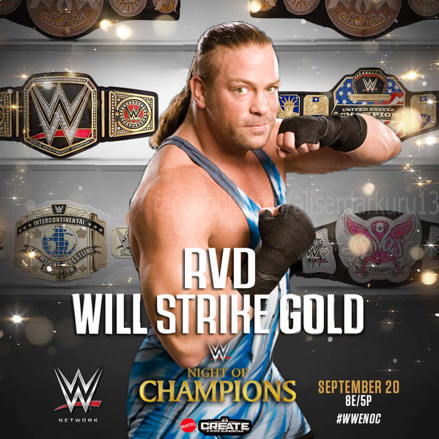 WWE 桌布 壁紙 — WWE摔角手RVD身穿藍白背心，自信地擺姿勢，身後冠軍腰帶閃耀光芒。