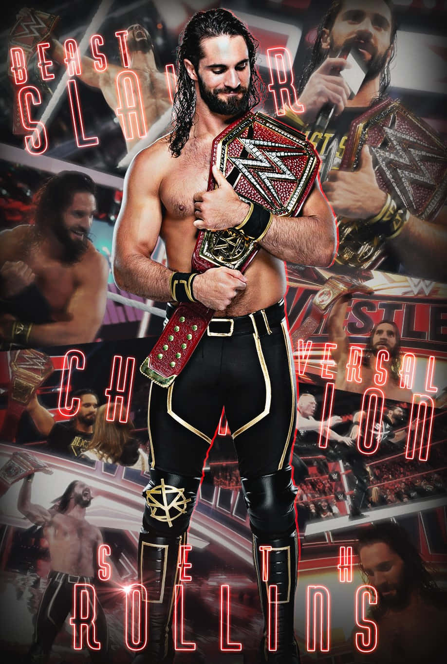WWE 桌布 壁紙 — WWE摔角手Seth Rollins自信地站立，手持冠軍腰帶，背景是他過去比賽的拼貼畫和發光的霓虹文字。