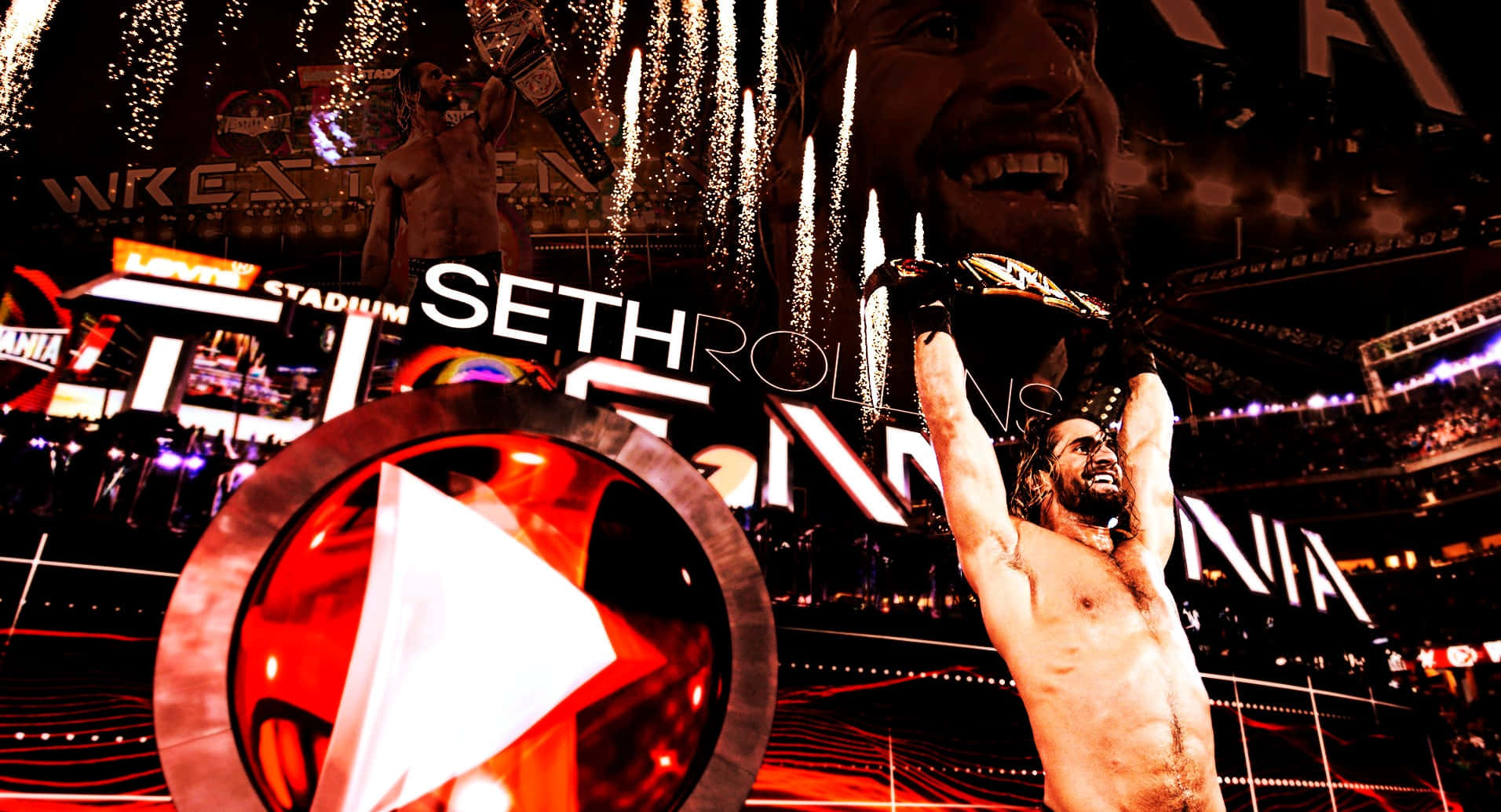 Winning 桌布 壁紙 — WWE摔角手Seth Rollins在體育場燈光和煙火下勝利地高舉他的冠軍腰帶。