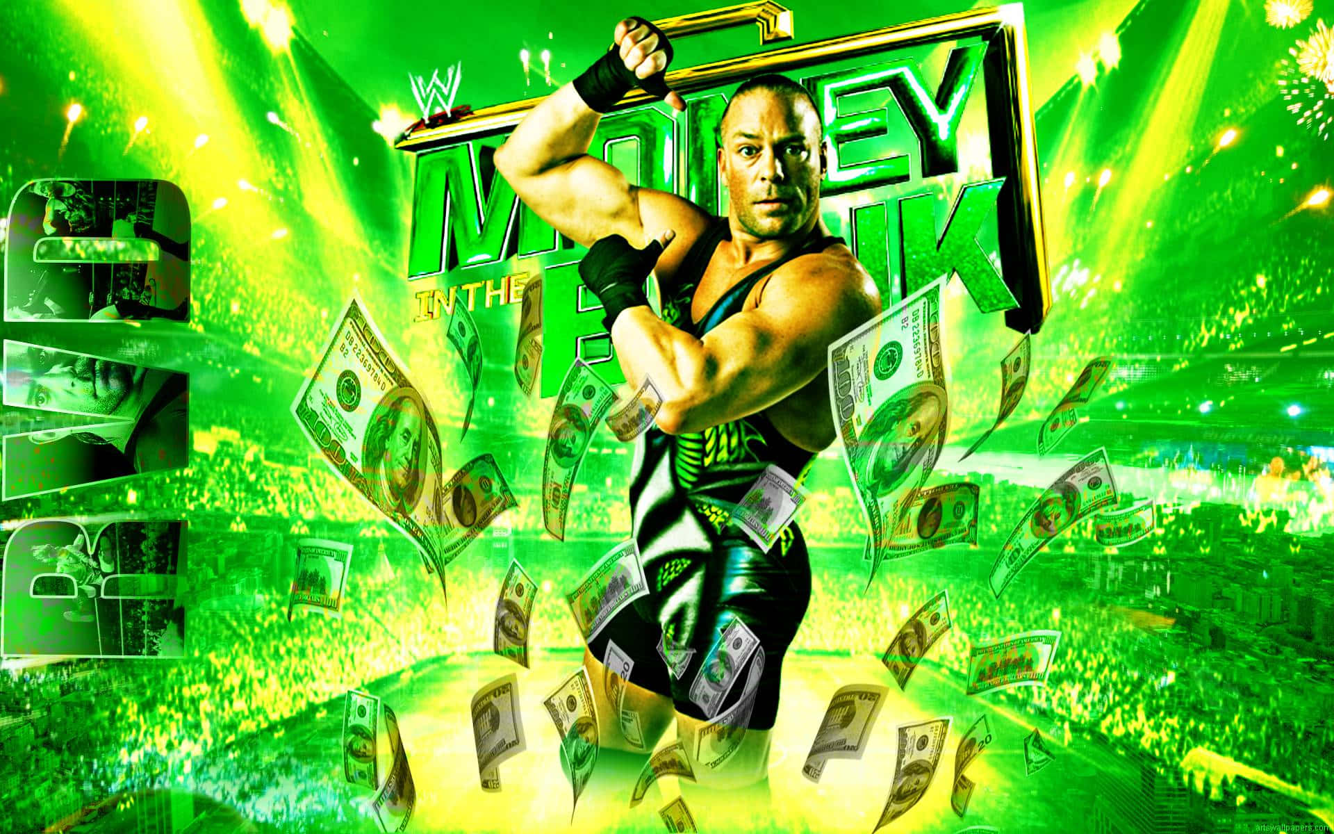 WWE 桌布 壁紙 — WWE摔角手The Rock在一個充滿活力的綠色場館中，在Money in the Bank賽事期間，金錢在他周圍飛舞，他勝利地站立著。