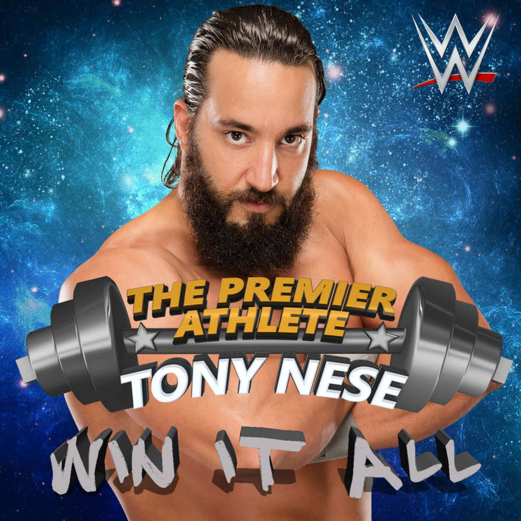 摔角 桌布 壁紙 — WWE摔角手Tony Nese在宇宙藍色星空背景下，一邊握著槓鈴，一邊凝視著。