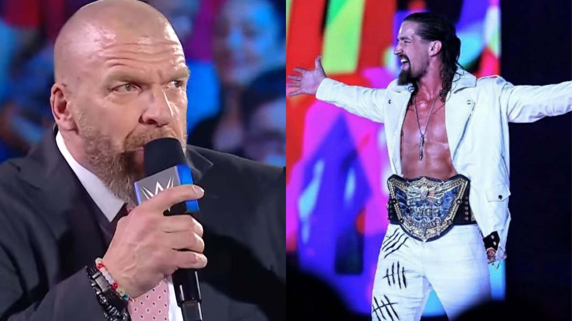 triple h 桌布 壁紙 — WWE摔角手Triple H和Edge在舞台上戲劇性地擺姿勢，一人拿著麥克風，另一人戴著冠軍腰帶。
