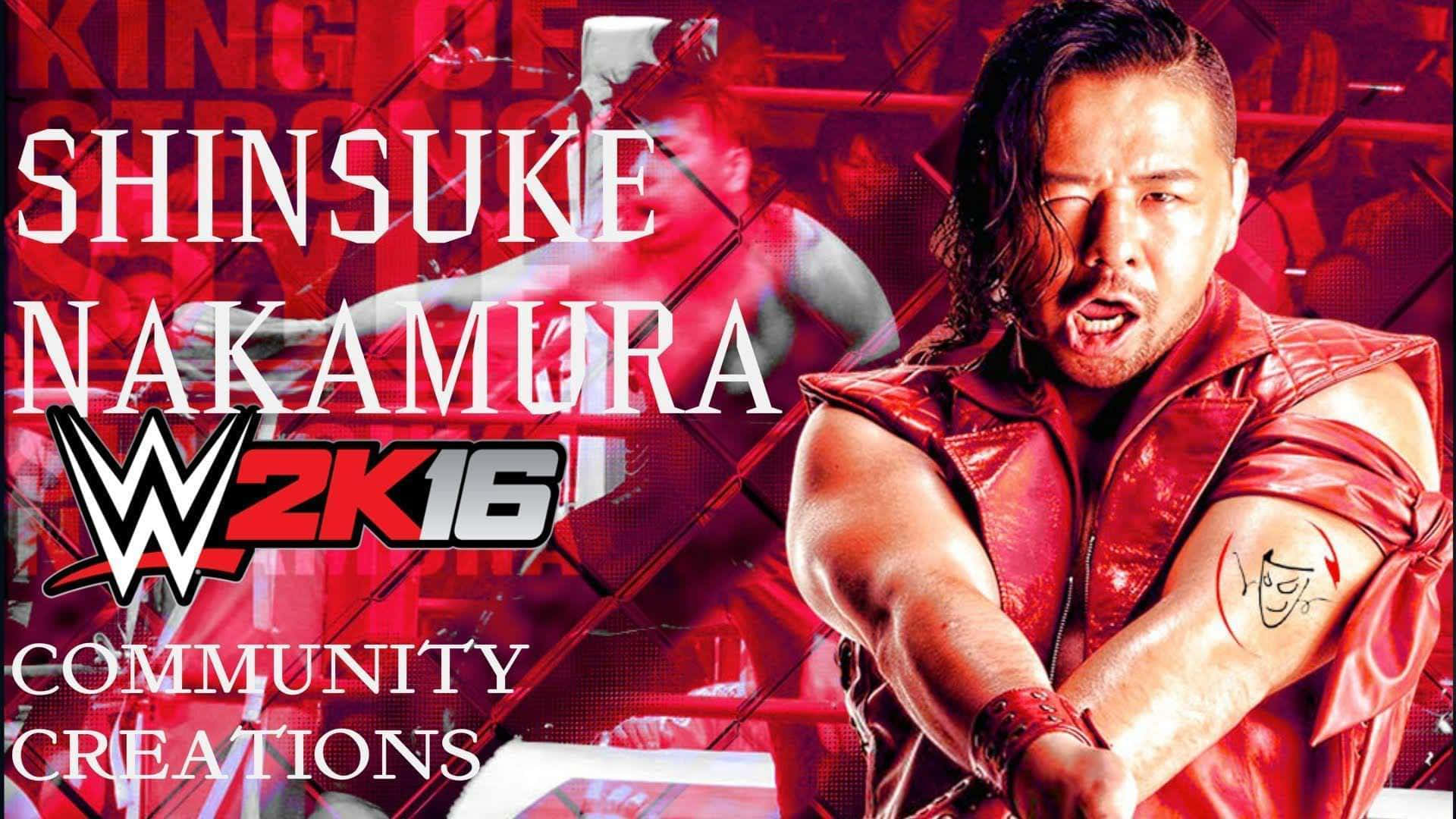 WWE 桌布 壁紙 — WWE摔角手中邑真輔身穿紅色皮革服裝，在紅黑相間的摔角擂台背景下，配合遊戲標題文字，擺出強烈姿勢。