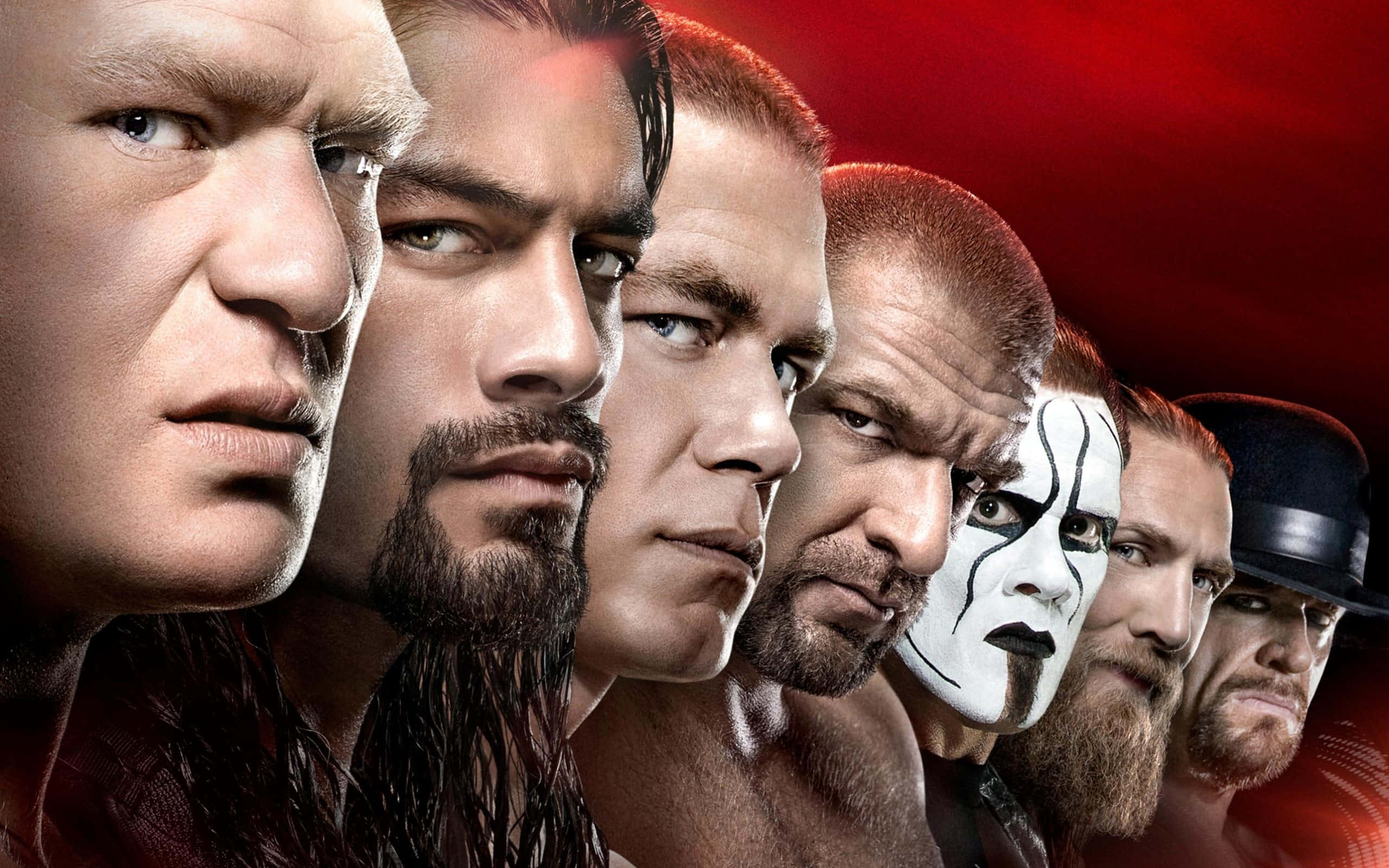 WWE 桌布 壁紙 — WWE摔角手在火紅背景前擺出強烈表情的戲劇性陣容。