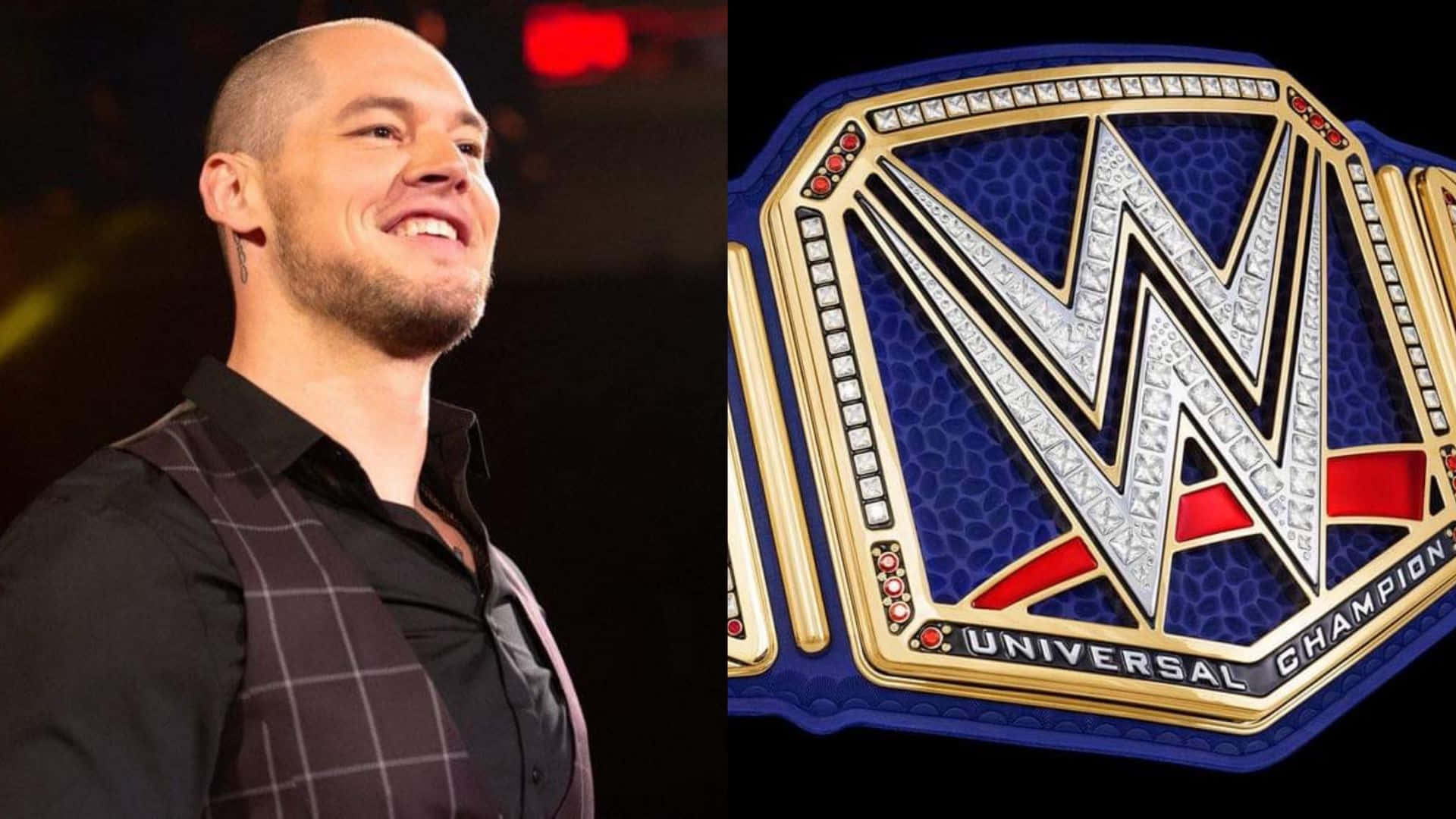 heavyweights 桌布 壁紙 — WWE摔角手在舞台燈光下自信地微笑，身旁是閃閃發光的環球冠軍腰帶。