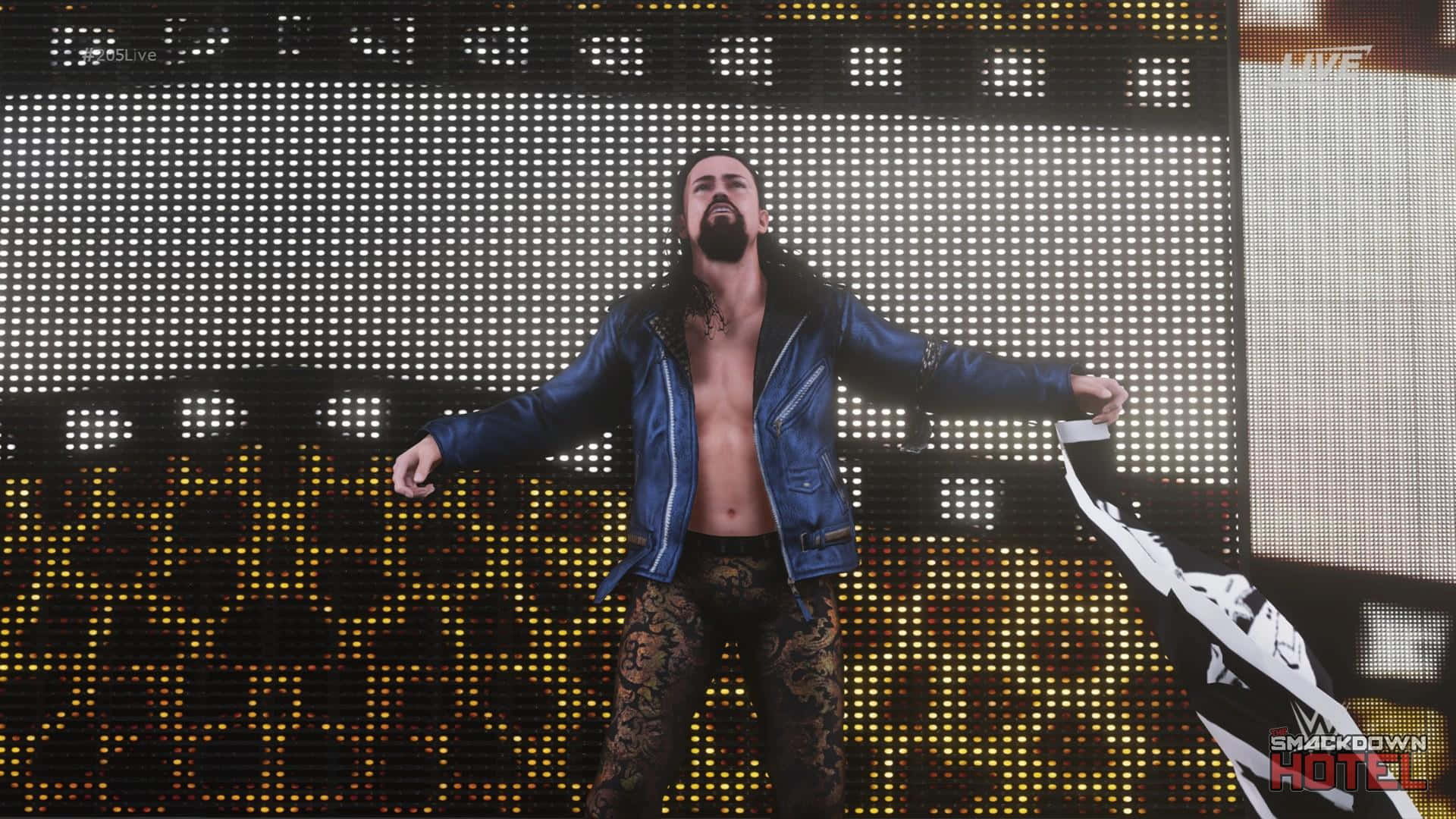 WWE 桌布 壁紙 — WWE摔角手留著深色長髮和鬍鬚，身穿藍色外套和圖案褲子，站在舞台中央，在發光的LED背景下手持黑白旗幟。