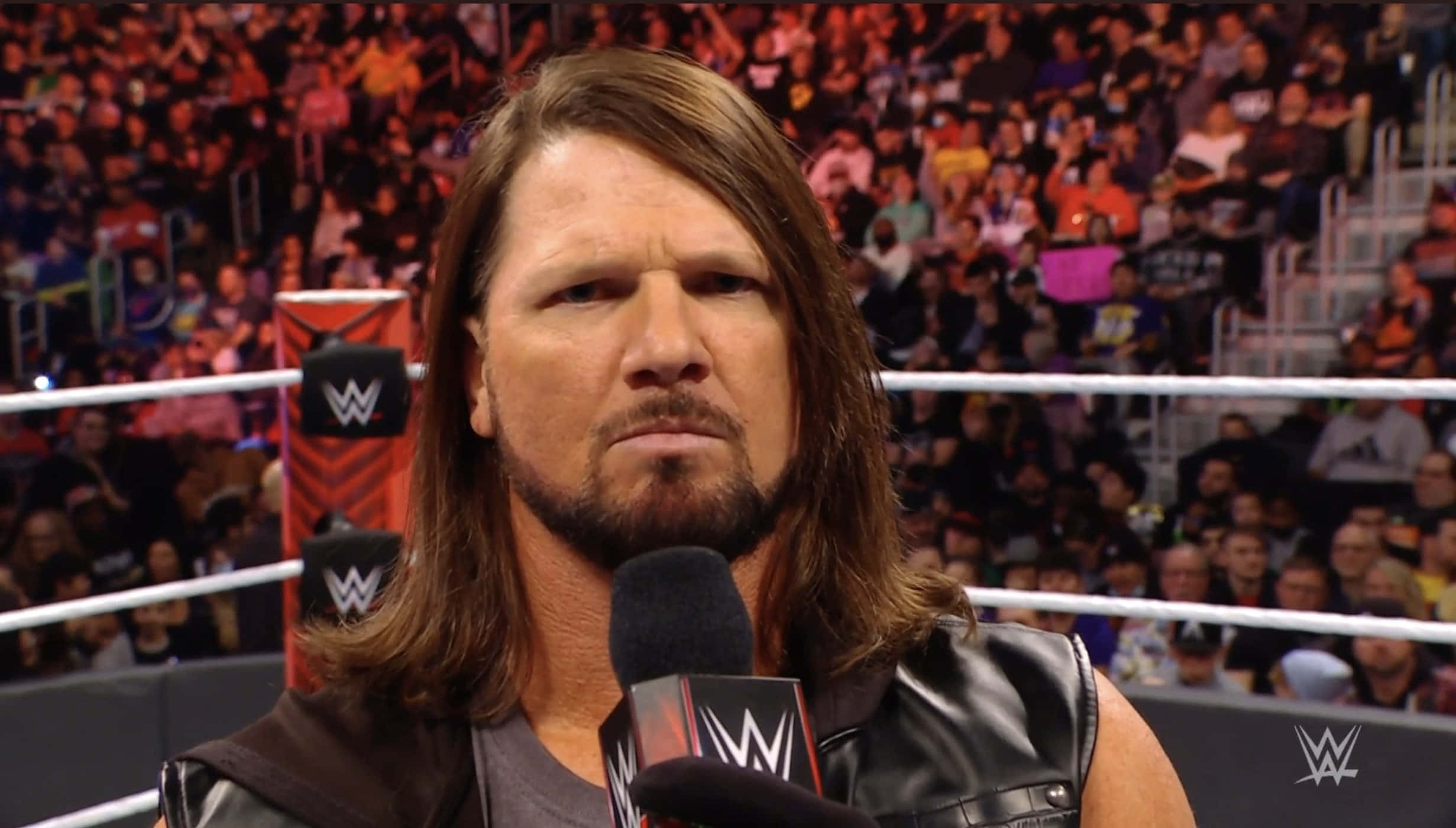 WWE 桌布 壁紙 — WWE摔角手留著長棕色頭髮和鬍鬚，在摔角場內對著麥克風說話，身後是擠滿的人群。