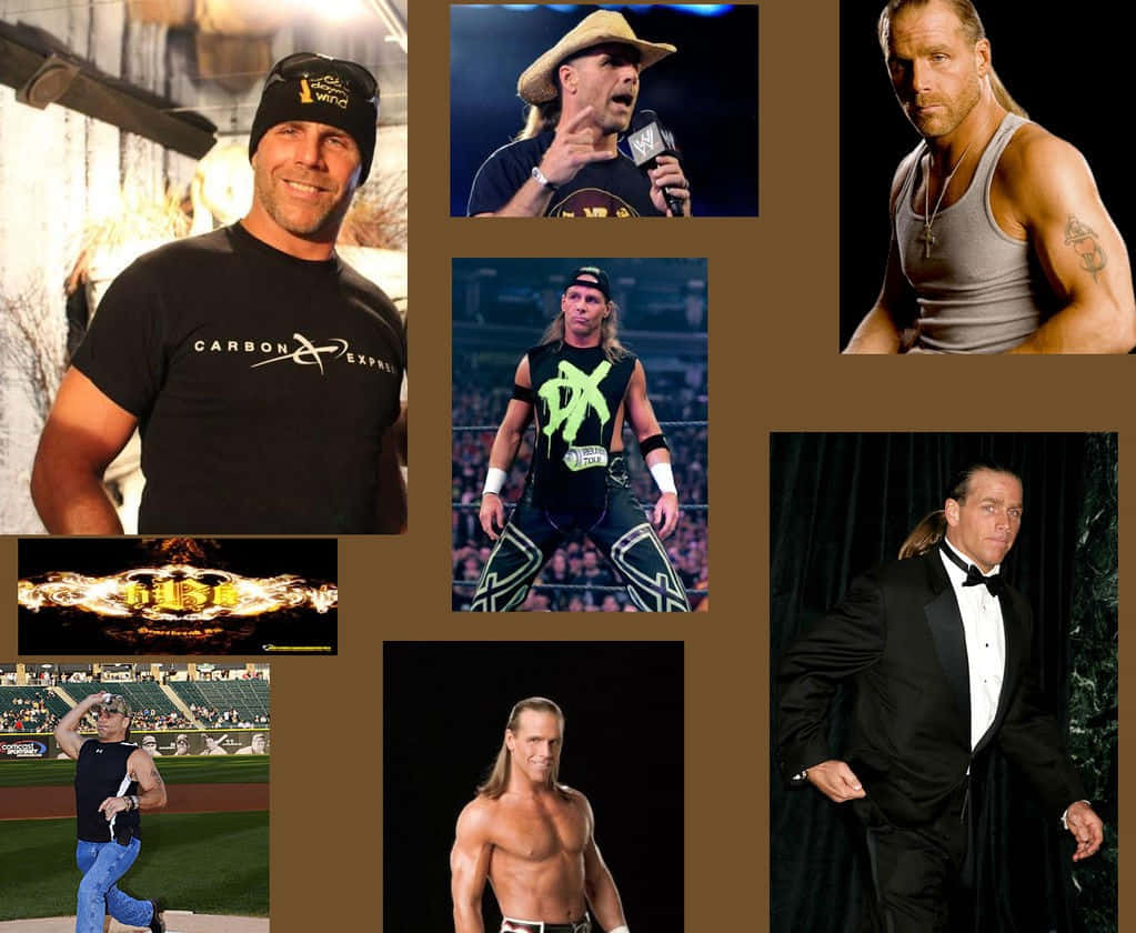 shawn michaels 桌布 壁紙 — WWE摔角手的拼貼畫，展示各種姿勢和服裝，包括休閒服、摔角裝備和正式燕尾服。