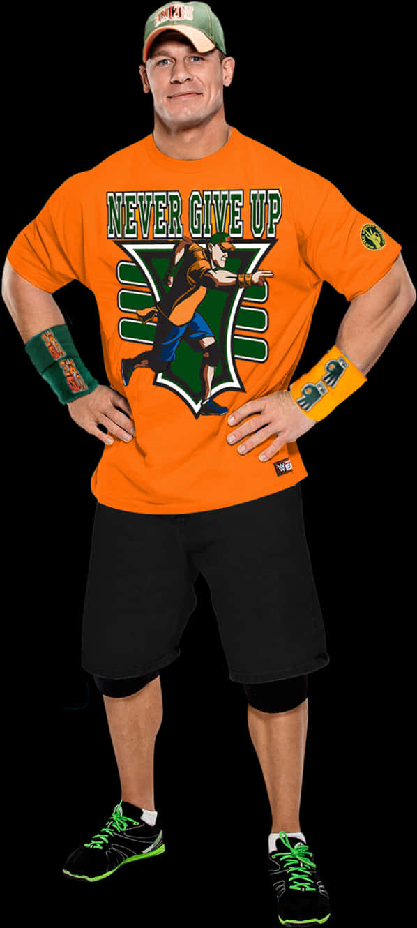 WWE 桌布 壁紙 — WWE摔角手約翰·希南自信地站在黑色背景前，身穿橙色「Never Give Up」圖案T恤、黑色短褲和螢光綠色運動鞋。